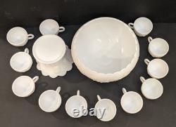 Vintage Westmoreland Three Fruits White Milk Glass 10 Punch Bowl Set & 12 Cups