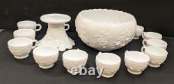 Vintage Westmoreland Three Fruits White Milk Glass 10 Punch Bowl Set & 12 Cups