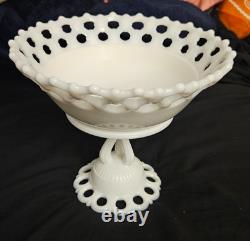 Vintage Westmoreland White Milk Glass Doric Lace Pedestal Compote Bowl