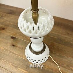 Vintage Westmorland White Milk Glass Lamp in Reticulated Lattice Large 22 Tall