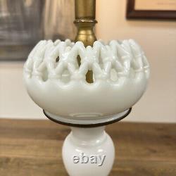 Vintage Westmorland White Milk Glass Lamp in Reticulated Lattice Large 22 Tall