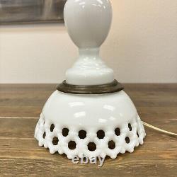 Vintage Westmorland White Milk Glass Lamp in Reticulated Lattice Large 22 Tall