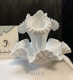 Vintage White Fenton Hobnail Milk Glass 3 Horn Epergne. 10 1/2