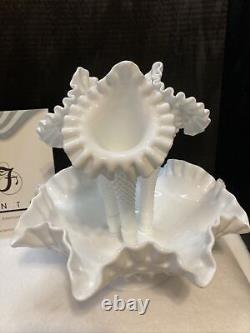 Vintage White Fenton Hobnail Milk Glass 3 Horn Epergne. 10 1/2