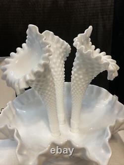 Vintage White Fenton Hobnail Milk Glass 3 Horn Epergne. 10 1/2