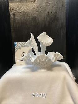 Vintage White Fenton Hobnail Milk Glass 3 Horn Epergne. 10 1/2