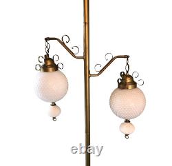 Vintage White Hobnail Milk Glass Brass Tension Pole Floor To Ceiling Light Lamp
