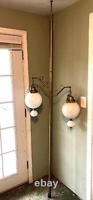 Vintage White Hobnail Milk Glass Brass Tension Pole Floor To Ceiling Light Lamp