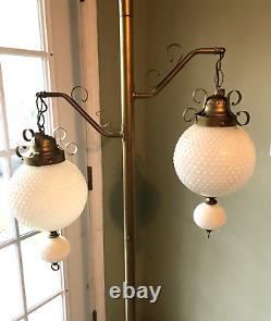 Vintage White Hobnail Milk Glass Brass Tension Pole Floor To Ceiling Light Lamp