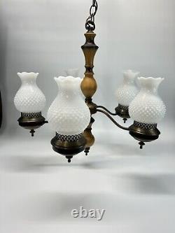 Vintage White Hobnail Milk Glass Chandelier Globe Lamp 5 Light Arm Mid Century