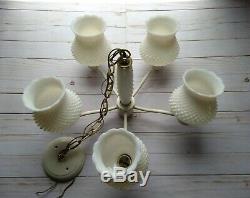 Vintage White Hobnail Milk Glass Globe Lamp 5 Light Chandelier Farmhouse Shabby