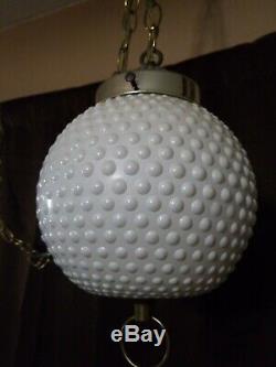 Vintage White Hobnail Milk Glass Hanging Swag Lamp Light Chained MCM Mid Century