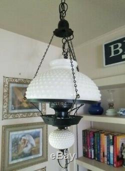 Vintage White Hobnail Milk Glass Hurricane Globe Hanging Lamp Electric