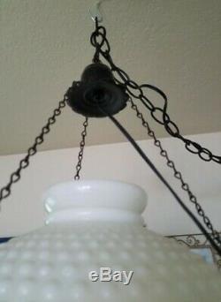 Vintage White Hobnail Milk Glass Hurricane Globe Hanging Lamp Electric