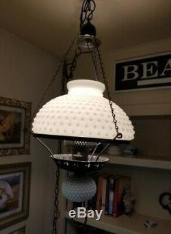 Vintage White Hobnail Milk Glass Hurricane Globe Hanging Lamp Electric