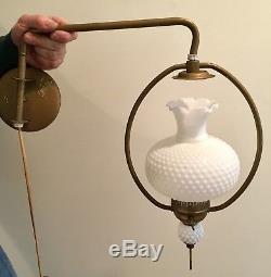 Vintage White Hobnail Wall Lamp Swing Arm Brass Weighted Pendulum Milk Glass