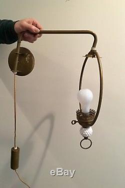 Vintage White Hobnail Wall Lamp Swing Arm Brass Weighted Pendulum Milk Glass