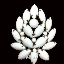 Vintage White Milk Glass Brooch With Navette & Round Rhinestones Floral Design S