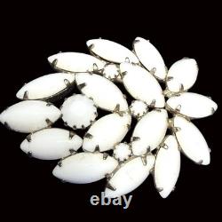 Vintage White Milk Glass Brooch With Navette & Round Rhinestones Floral Design S