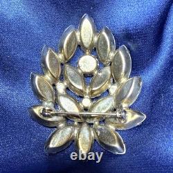 Vintage White Milk Glass Brooch With Navette & Round Rhinestones Floral Design S