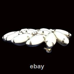 Vintage White Milk Glass Brooch With Navette & Round Rhinestones Floral Design S