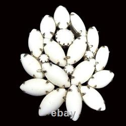 Vintage White Milk Glass Brooch With Navette & Round Rhinestones Floral Design S