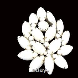 Vintage White Milk Glass Brooch With Navette & Round Rhinestones Floral Design S