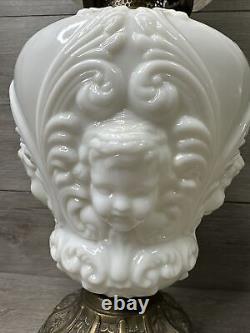 Vintage White Milk Glass CHERUB / BABY FACE Oil Lamp Style Table Lamp