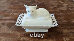 Vintage White Milk Glass Covered Dish Trinket Candy Box Lid Figural Cat Eyes