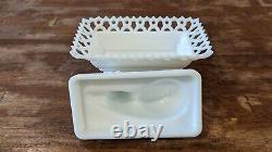 Vintage White Milk Glass Covered Dish Trinket Candy Box Lid Figural Cat Eyes