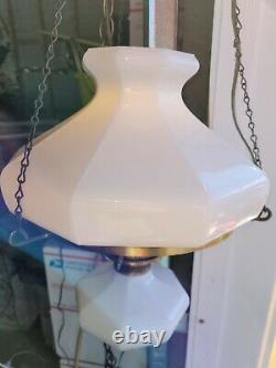 Vintage White Milk Glass GWTW Nonagon 9 Sided Ceiling Brass Light (120121)