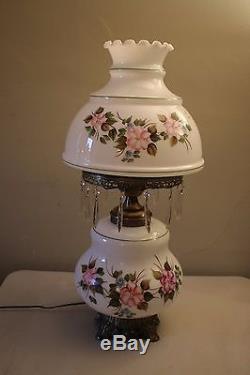 Vintage White Milk Glass Hand Painted Hurricane Style Parlor Lamp With Glass Prism