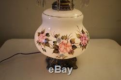 Vintage White Milk Glass Hand Painted Hurricane Style Parlor Lamp With Glass Prism