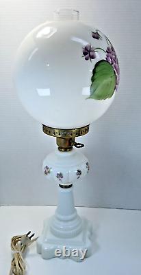 Vintage White Milk Glass Hand-Painted Violets Gone with the Wind Lamp