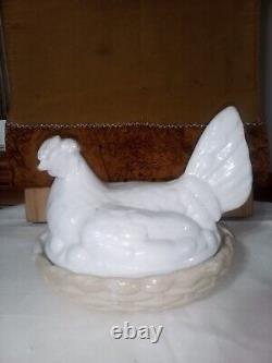 Vintage White Milk Glass Hen on a tan Nest Bowl Chicken Chick Large 8