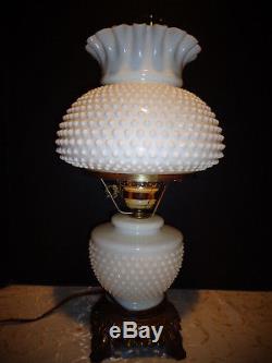 Vintage White Milk Glass Hobnail GWTW Hurricane Table Lamp Electric 21 Fenton