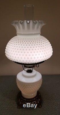 Vintage White Milk Glass Hobnail GWTW Hurricane Table Lamp Electric 22 Fenton