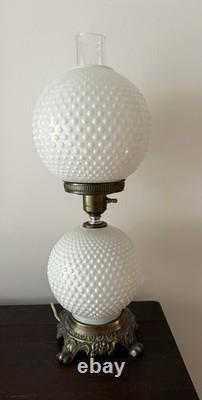 Vintage White Milk Glass Hobnail Hurricane Electric Table Lamp With Nightlight