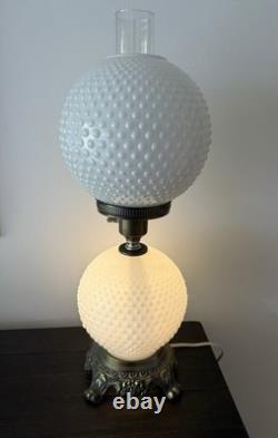 Vintage White Milk Glass Hobnail Hurricane Electric Table Lamp With Nightlight