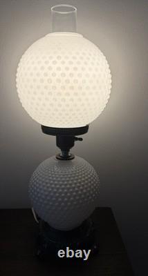 Vintage White Milk Glass Hobnail Hurricane Electric Table Lamp With Nightlight