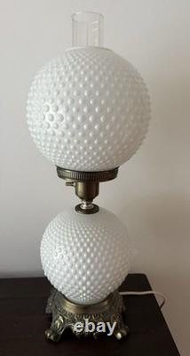 Vintage White Milk Glass Hobnail Hurricane Electric Table Lamp With Nightlight