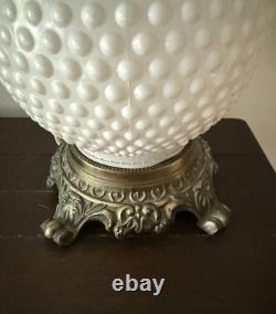 Vintage White Milk Glass Hobnail Hurricane Electric Table Lamp With Nightlight