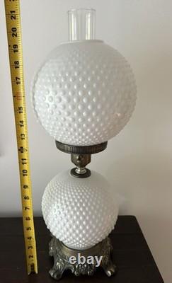 Vintage White Milk Glass Hobnail Hurricane Electric Table Lamp With Nightlight