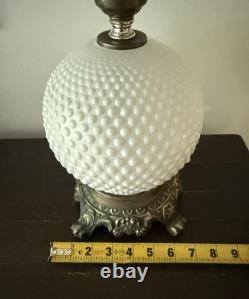Vintage White Milk Glass Hobnail Hurricane Electric Table Lamp With Nightlight