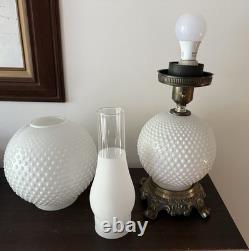 Vintage White Milk Glass Hobnail Hurricane Electric Table Lamp With Nightlight