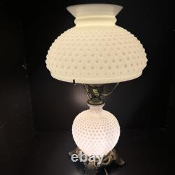 Vintage White Milk Glass Hobnail Hurricane Electric Table Lamp working