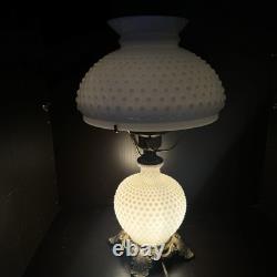Vintage White Milk Glass Hobnail Hurricane Electric Table Lamp working
