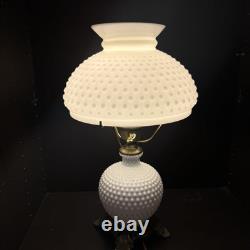 Vintage White Milk Glass Hobnail Hurricane Electric Table Lamp working