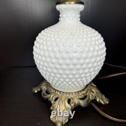 Vintage White Milk Glass Hobnail Hurricane Electric Table Lamp working