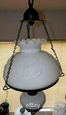 Vintage White Milk Glass Hobnail Hurricane Hanging Ceiling Lamp Light Working
